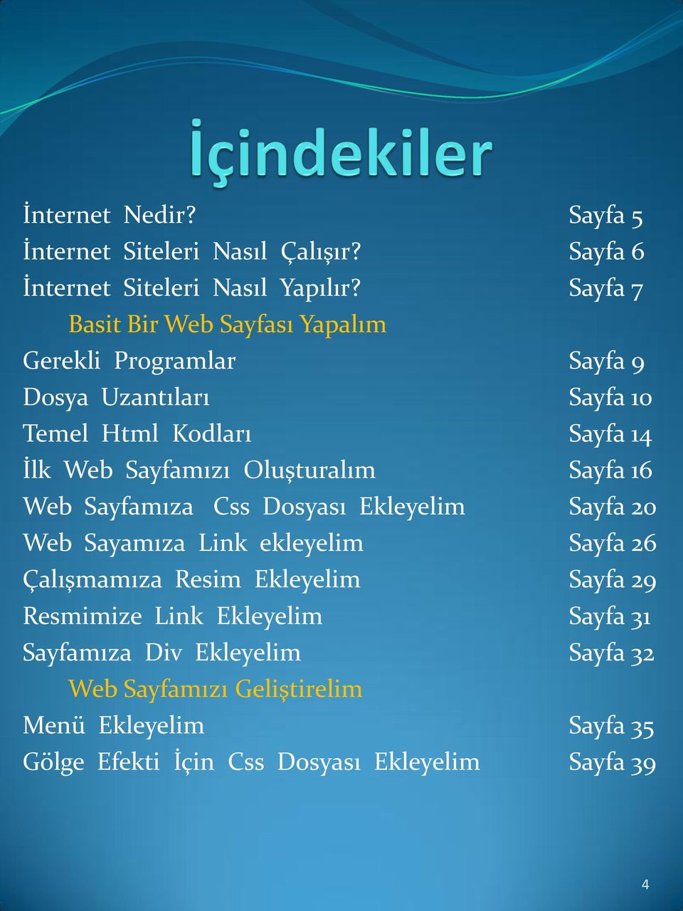 Sayfamızı Oluşturalım Sayfa 16 Web Sayfamıza Css Dosyası Ekleyelim Sayfa 20 Web Sayamıza Link ekleyelim Sayfa 26 Çalışmamıza Resim