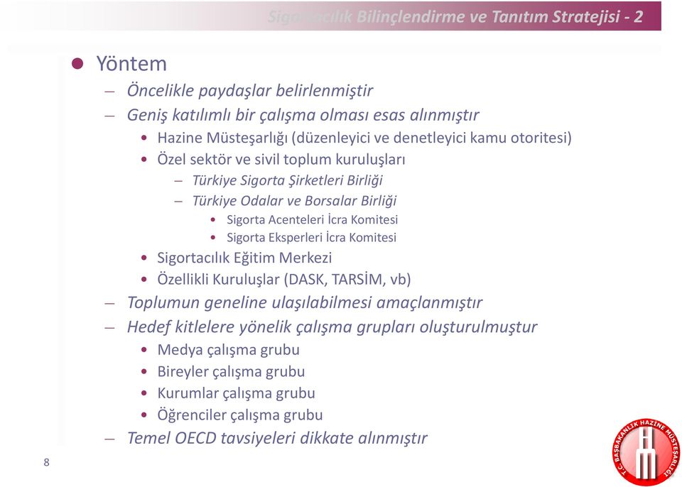 İcra Komitesi Sigorta Eksperleri İcra Komitesi Sigortacılık Eğitim Merkezi Özellikli Kuruluşlar (DASK, TARSİM, vb) Toplumun geneline ulaşılabilmesi amaçlanmıştır Hedef