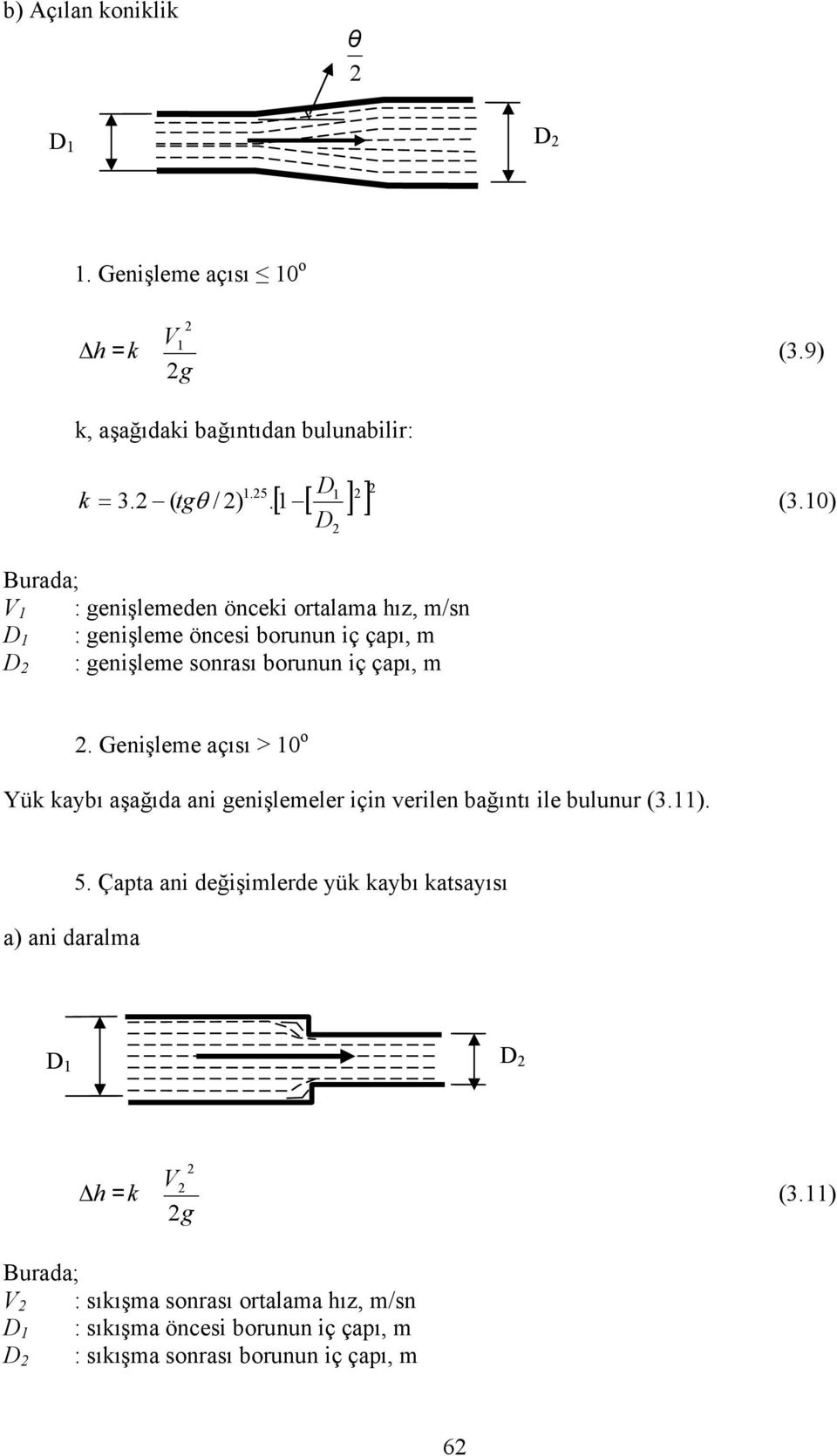 Genişleme açısı > 10 o Yük kaybı aşağıda ani genişlemeler için verilen bağıntı ile bulunur (3.11). a) ani daralma 5.