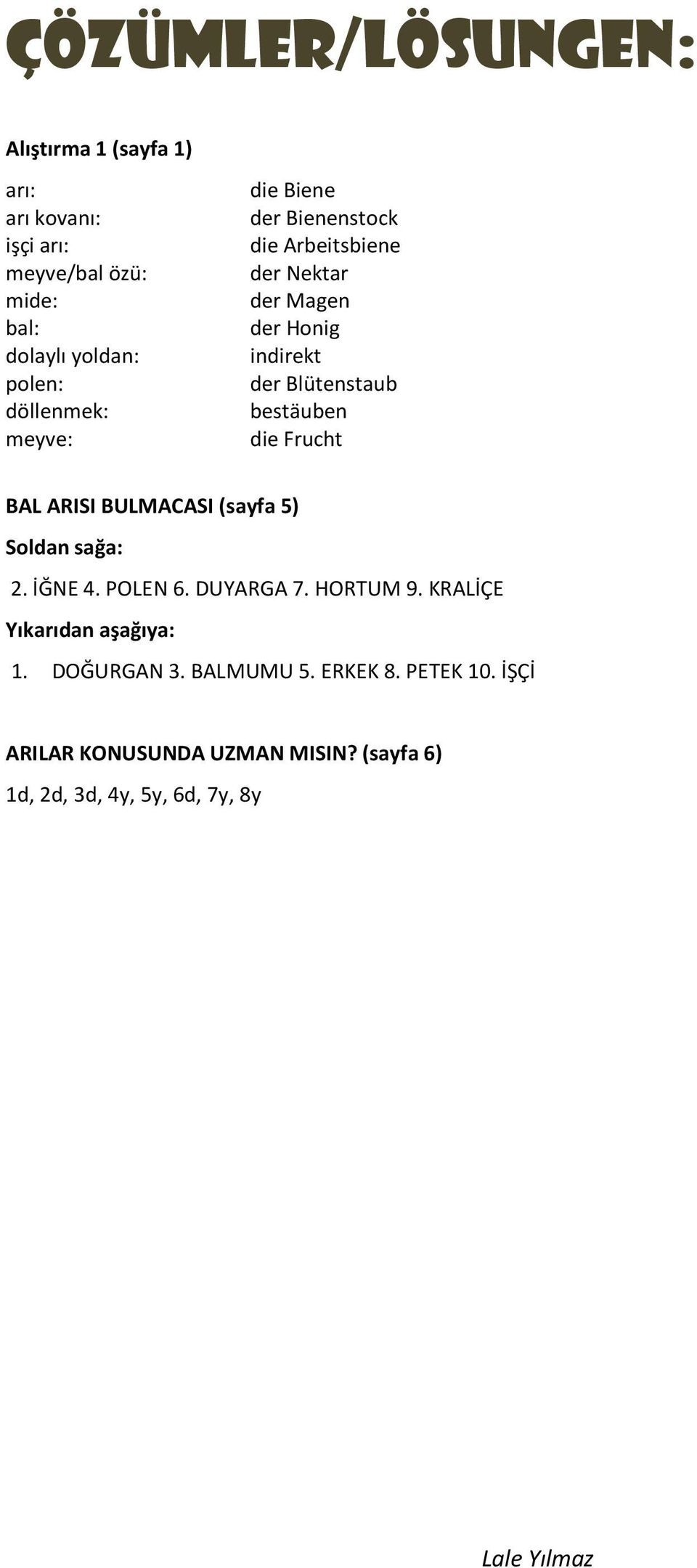 bestäuben die Frucht BAL ARISI BULMACASI (sayfa 5) Soldan sağa: 2. İĞNE 4. POLEN 6. DUYARGA 7. HORTUM 9.