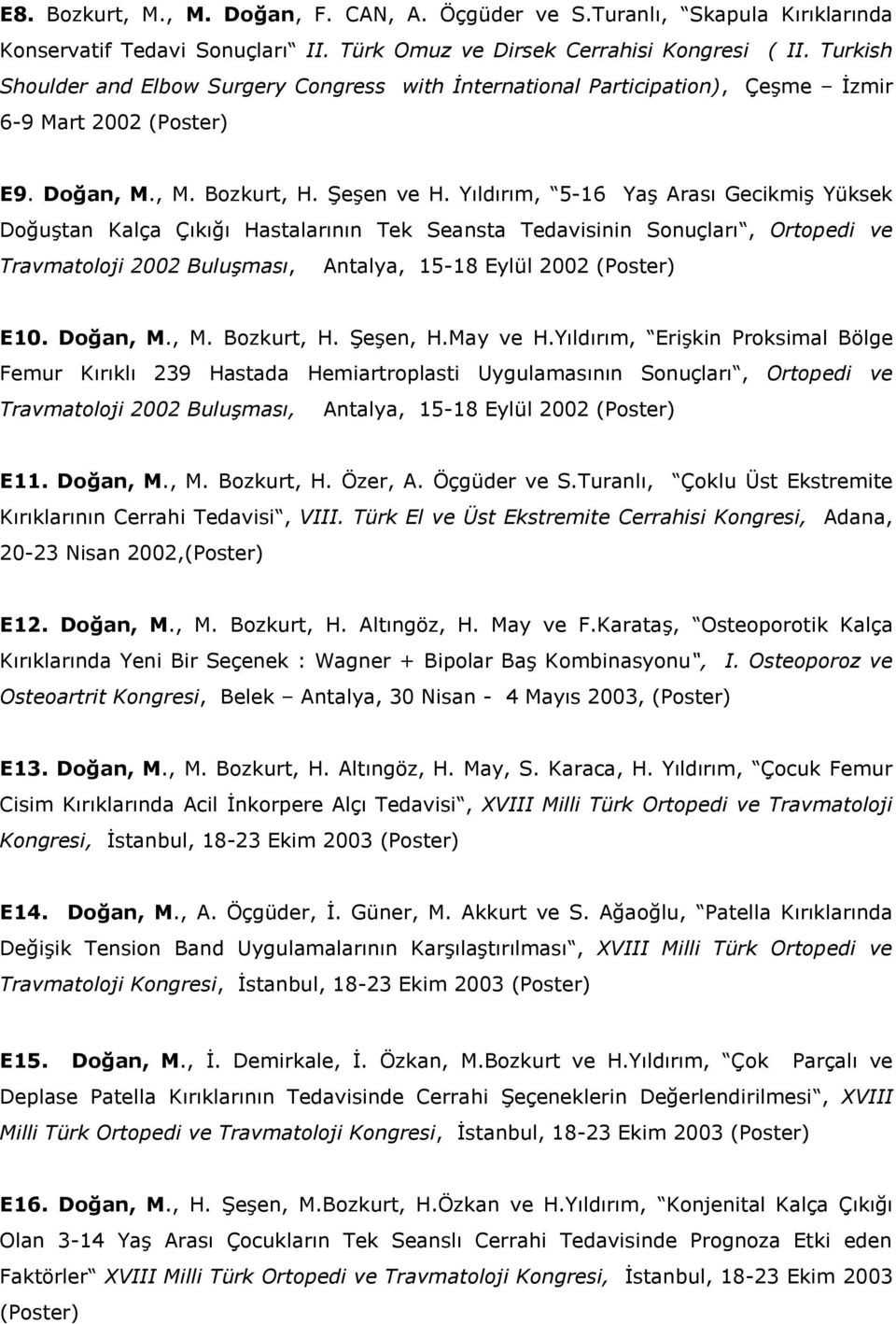 Yıldırım, 5- Yaş Arası Gecikmiş Yüksek Doğuştan Kalça Çıkığı Hastalarının Tek Seansta Tedavisinin Sonuçları, Ortopedi ve Travmatoloji 2002 Buluşması, Antalya, 15-8 Eylül (Poster) E10. Doğan, M.