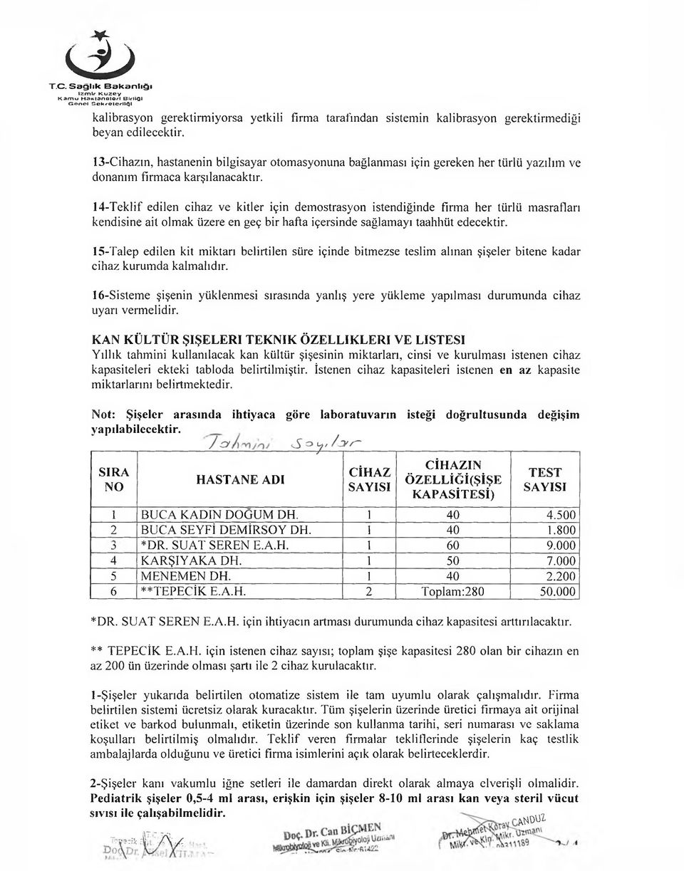 gerektirmediği beyan edilecektir. 13-Cihazın, hastanenin bilgisayar otomasyonuna bağlanması için gereken her türlü yazılım ve donanını firmaca karşılanacaktır.