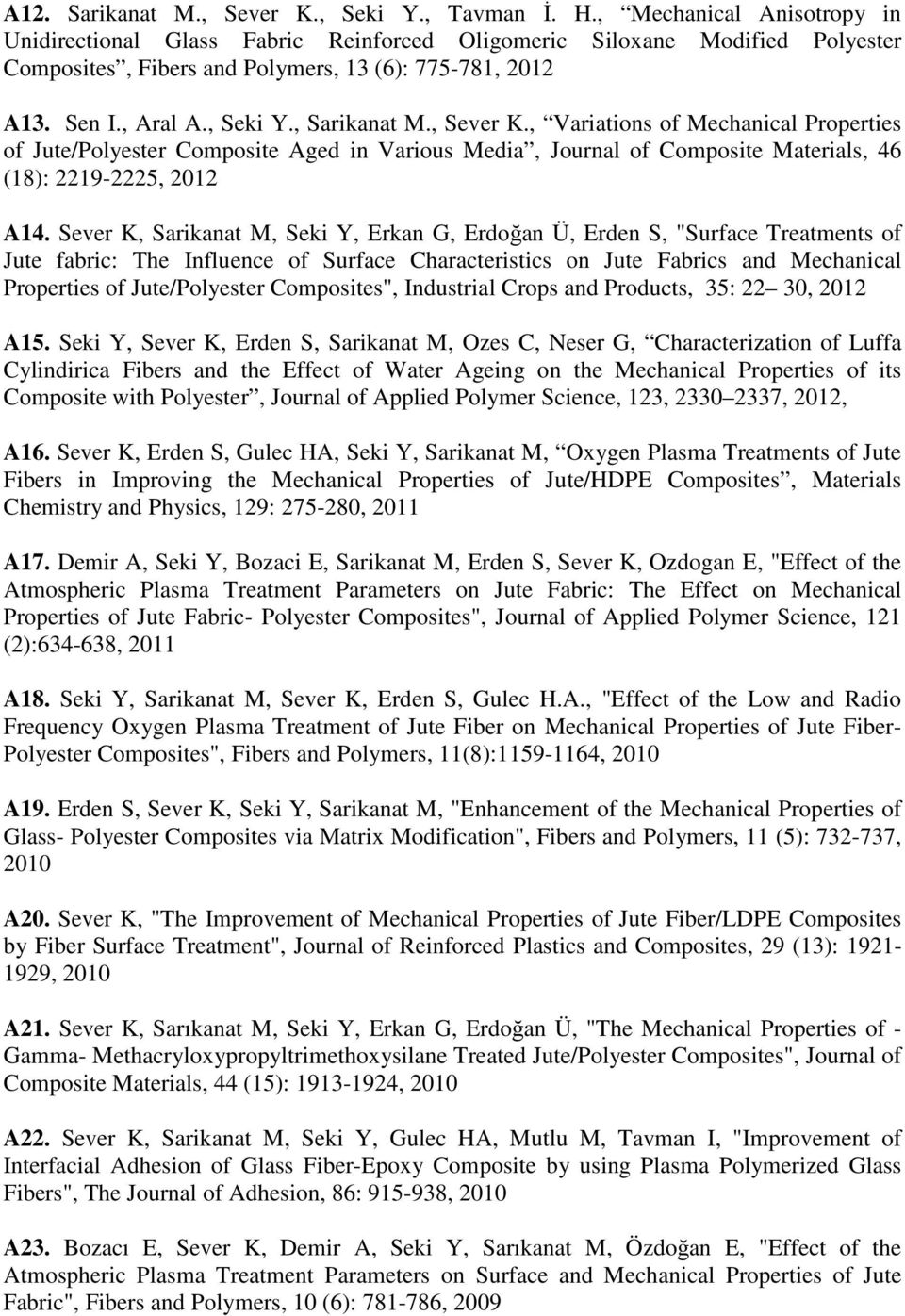 , Sarikanat M., Sever K., Variations of Mechanical Properties of Jute/Polyester Composite Aged in Various Media, Journal of Composite Materials, 46 (18): 2219-2225, 2012 A14.