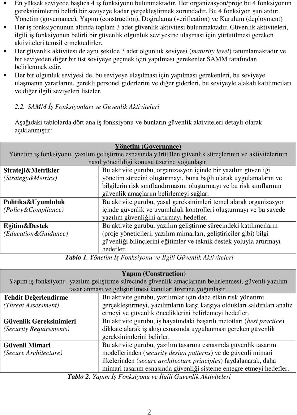 Güvenlik aktiviteleri, ilgili iş fonksiyonun belirli bir güvenlik olgunluk seviyesine ulaşması için yürütülmesi gereken aktiviteleri temsil etmektedirler.