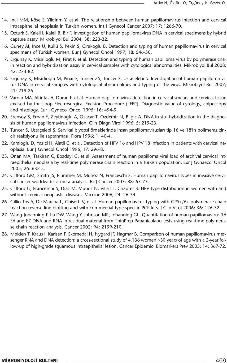 Mikrobiyol Bul 2004; 38: 223-32. 16. Guney AI, Ince U, Kullü S, Pekin S, Cirakoglu B. Detection and typing of human papillomavirus in cervical specimens of Turkish women.