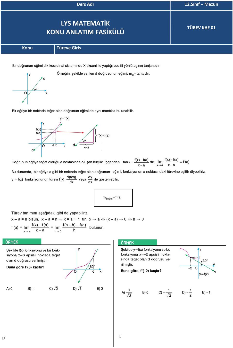 Doğrunun eğrie teğet olduğu a noktasında oluşan küçük üçgenden tana = f() f(a) a dır.