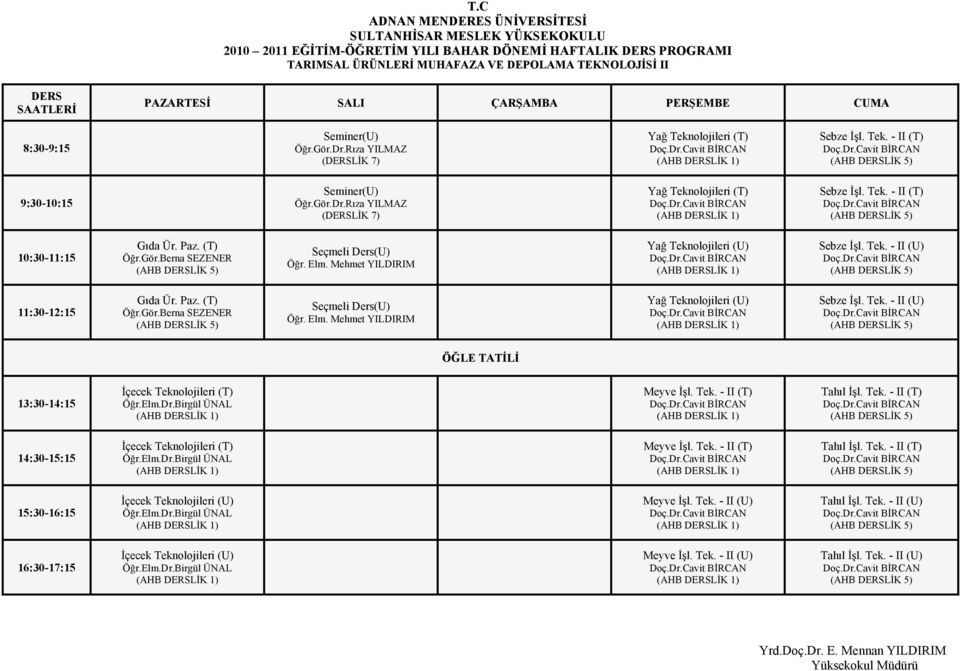 Tek. - II (T) Tahıl İşl. Tek. - II (T) İçecek Teknolojileri (T) Öğr.Elm.Dr.Birgül ÜNAL Meyve İşl. Tek. - II (T) Tahıl İşl. Tek. - II (T) İçecek Teknolojileri (U) Öğr.Elm.Dr.Birgül ÜNAL Meyve İşl. Tek. - II (U) Tahıl İşl.