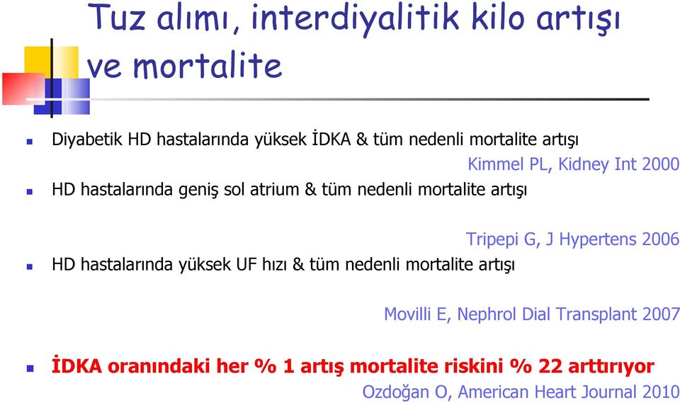 hastalarında yüksek UF hızı & tüm nedenli mortalite artışı Tripepi G, J Hypertens 2006 Movilli E, Nephrol Dial