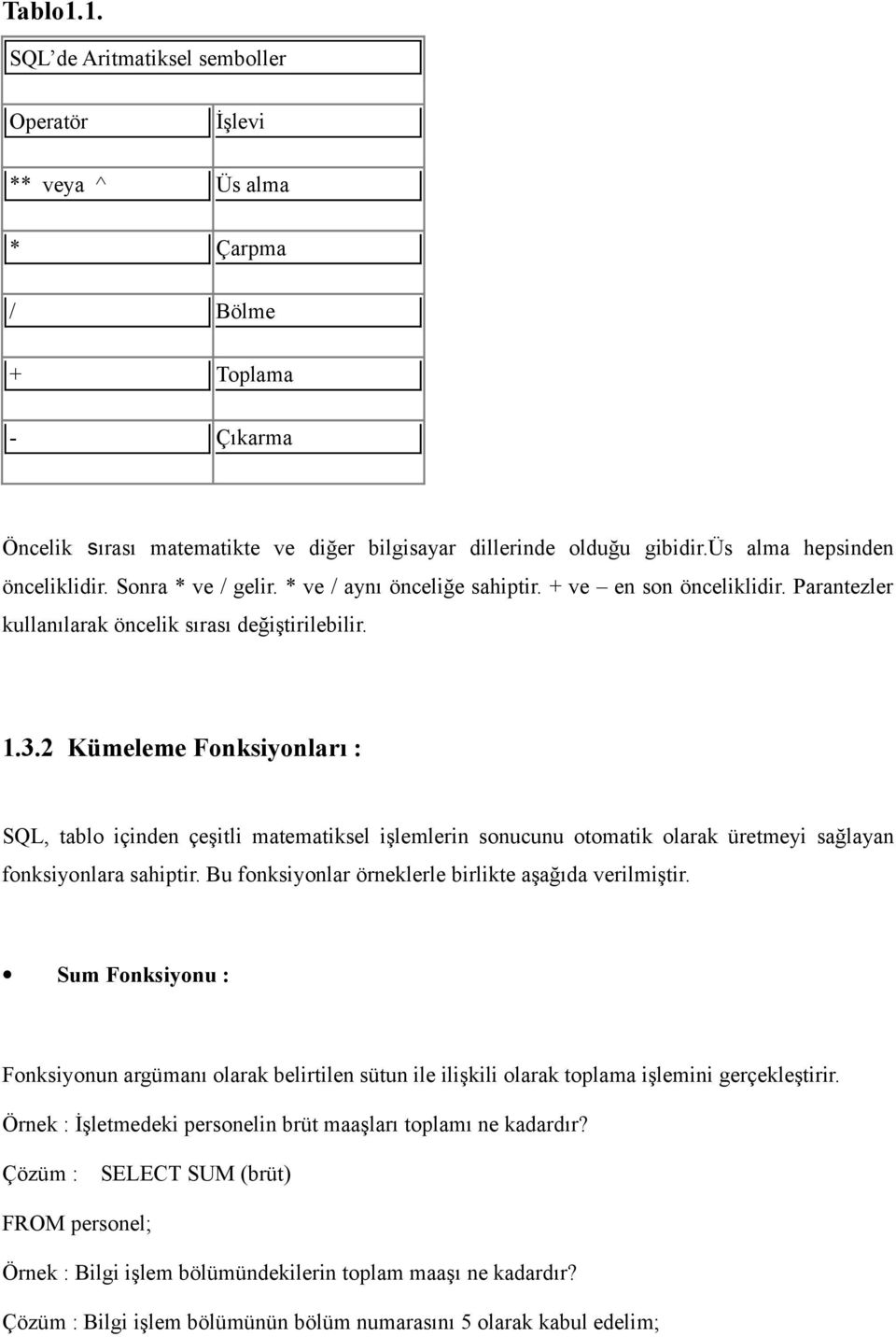 2 Kümeleme Fonksiyonları : SQL, tablo içinden çeşitli matematiksel işlemlerin sonucunu otomatik olarak üretmeyi sağlayan fonksiyonlara sahiptir.