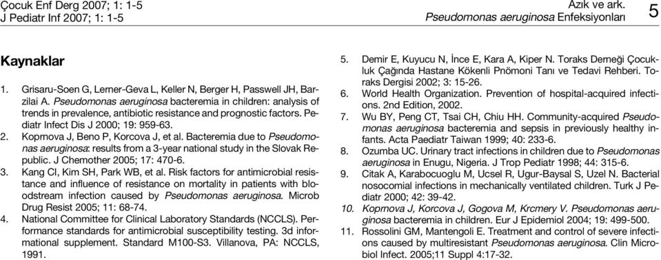 Bacteremia due to Pseudomonas aeruginosa: results from a 3-year national study in the Slovak Republic. J Chemother 2005; 17: 470-6. 3. Kang CI, Kim SH, Park WB, et al.