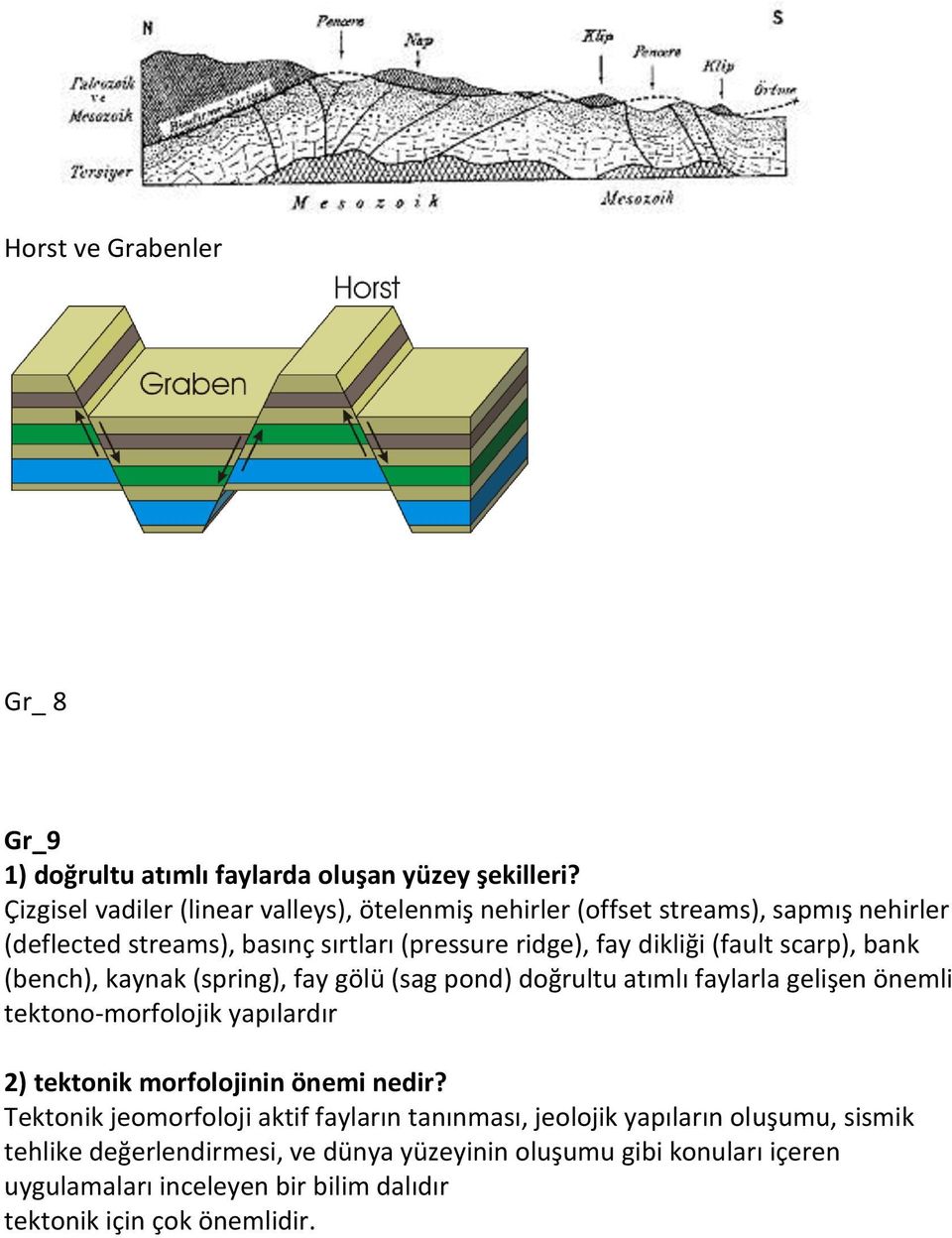 (fault scarp), bank (bench), kaynak (spring), fay gölü (sag pond) doğrultu atımlı faylarla gelişen önemli tektono-morfolojik yapılardır 2) tektonik