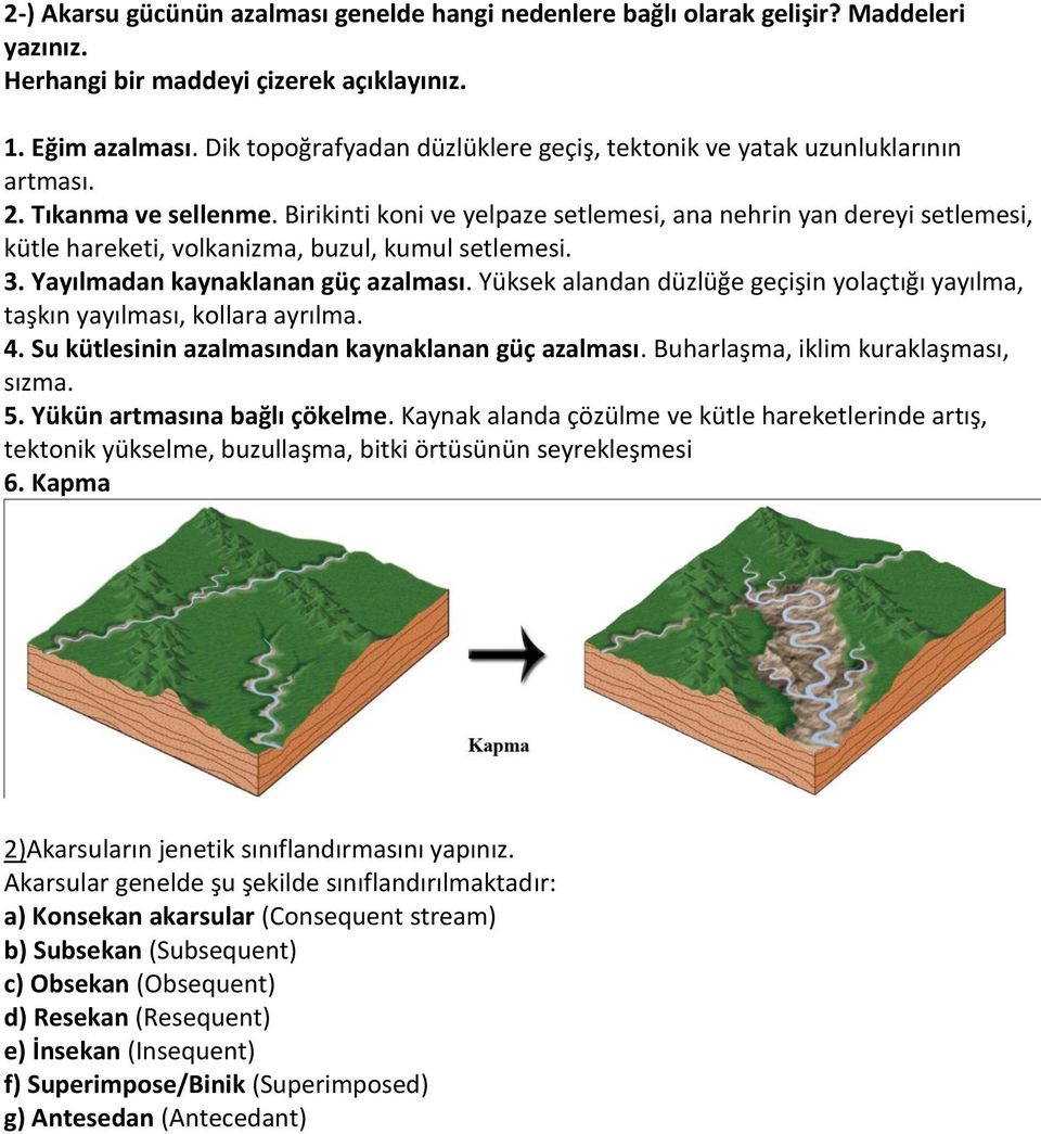 Birikinti koni ve yelpaze setlemesi, ana nehrin yan dereyi setlemesi, kütle hareketi, volkanizma, buzul, kumul setlemesi. 3. Yayılmadan kaynaklanan güç azalması.