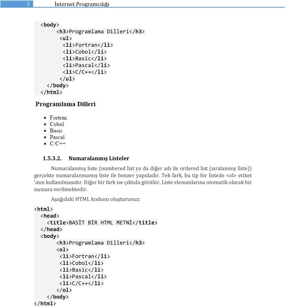 Tek fark, bu tip bir listede <ol> etiket 'ının kullanılmasıdır. Diğer bir fark ise çıktıda görülür. Liste elemanlarına otomatik olarak bir numara verilmektedir.