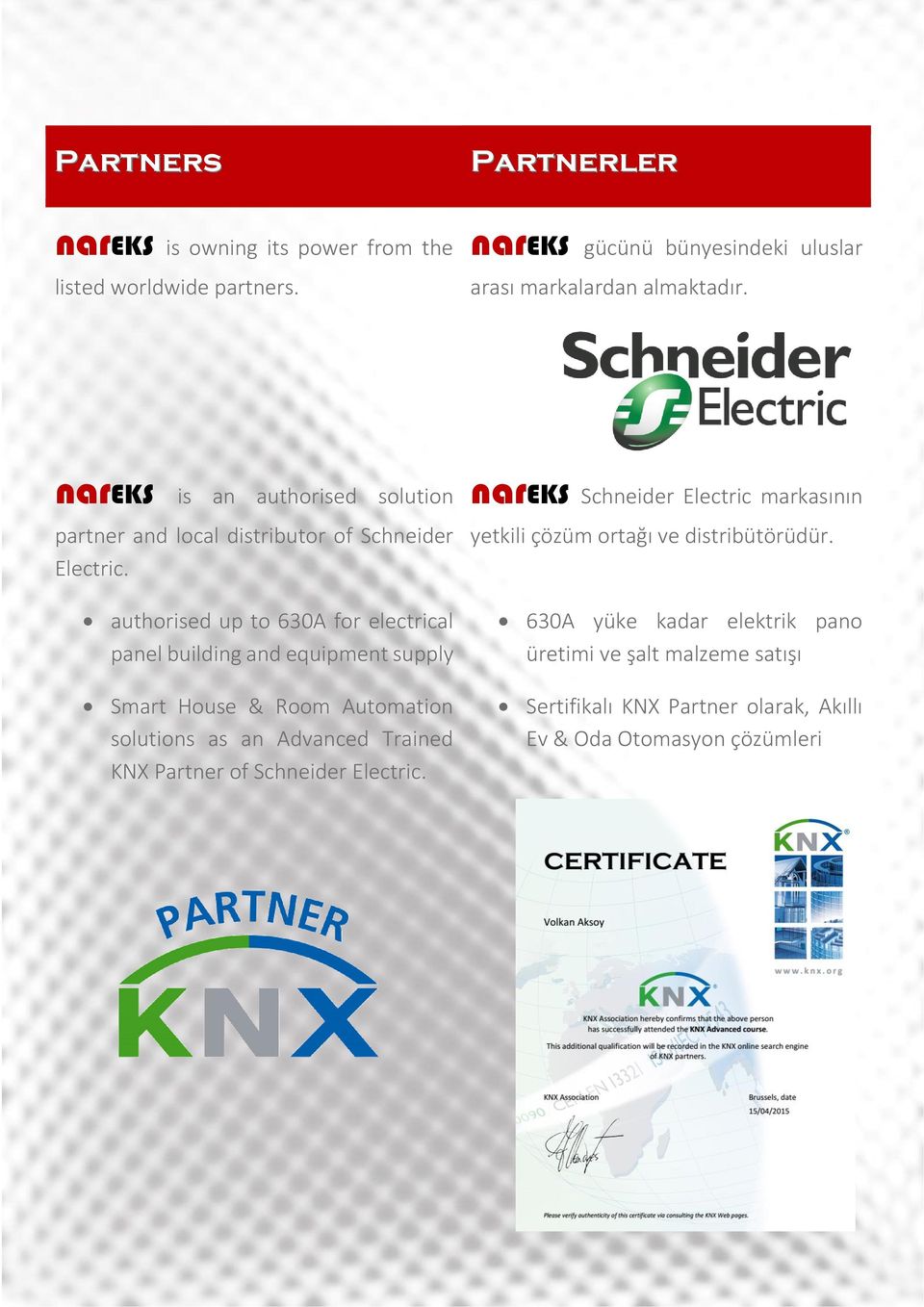 authorised up to 630A for electrical panel building and equipment supply Smart House & Room Automation solutions as an Advanced Trained KNX Partner of