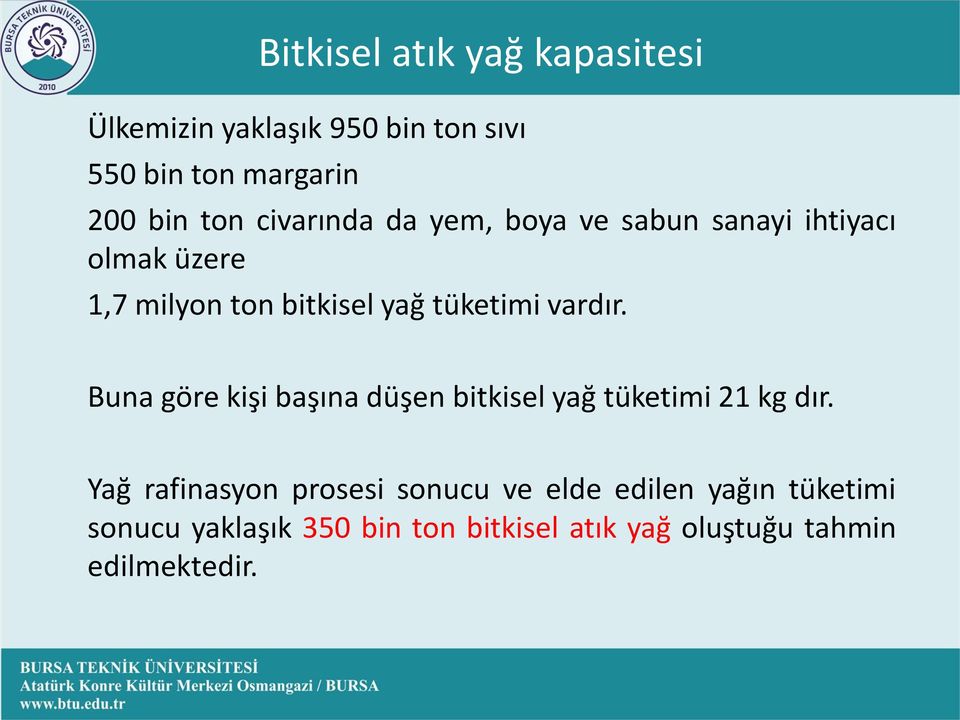 vardır. Buna göre kişi başına düşen bitkisel yağ tüketimi 21 kg dır.