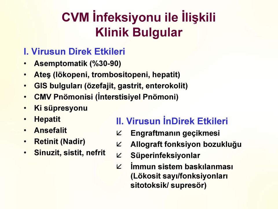 gastrit, enterokolit) CMV Pnömonisi (Ġnterstisiyel Pnömoni) Ki süpresyonu Hepatit Ansefalit Retinit (Nadir) Sinuzit,