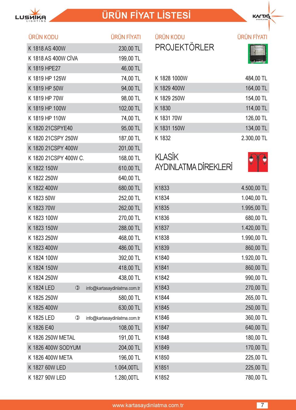 K 1826 250W METAL K 1826 400W SODYUM K 1826 400W META K 1827 60W LED K 1827 90W LED 230,00 TL 199,00 TL 46,00 TL 74,00 TL 94,00 TL 102,00 TL 74,00 TL 187,00 TL 201,00 TL 168,00 TL 610,00 TL 640,00 TL