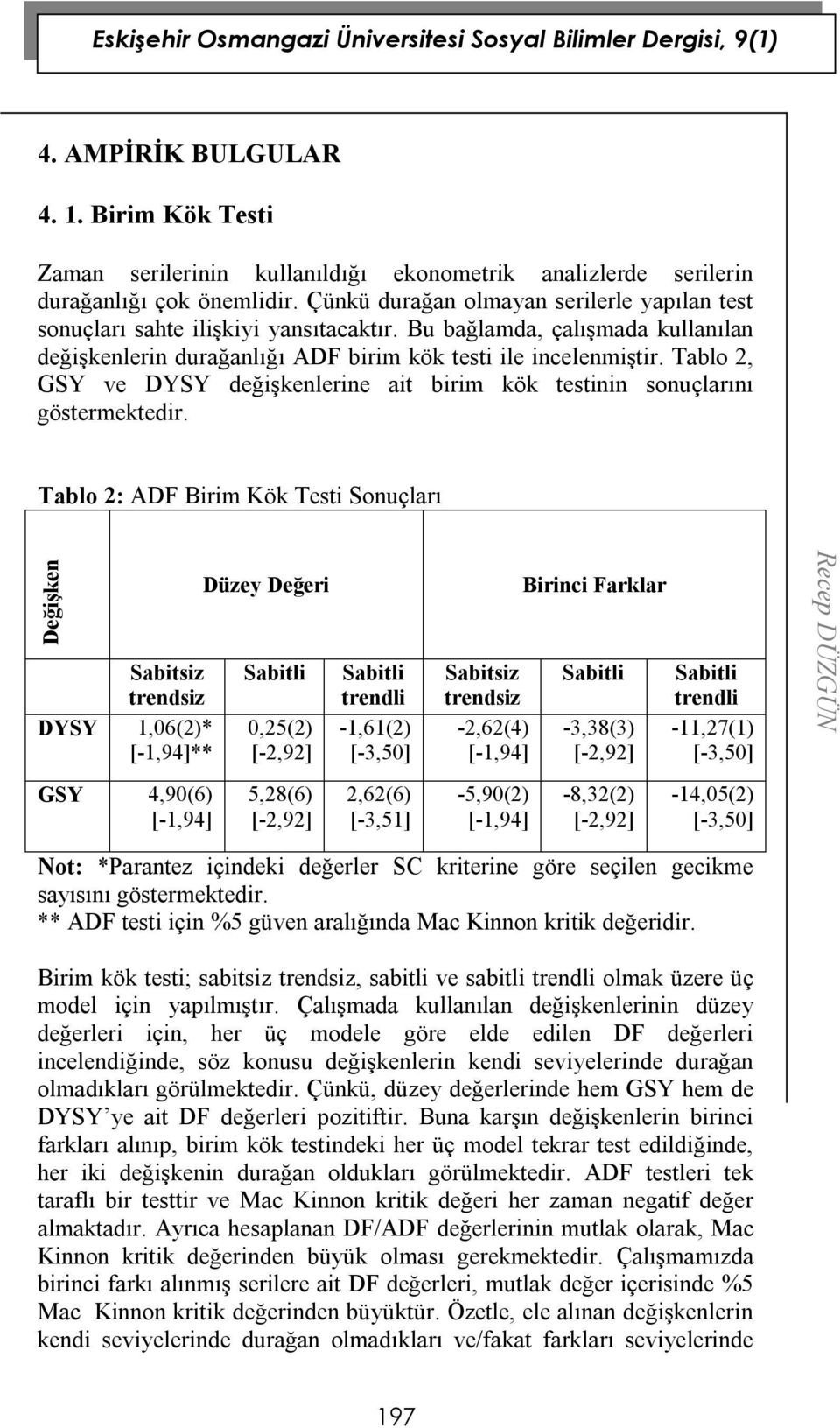 Tablo 2, GSY ve DYSY değişkenlerine ait birim kök testinin sonuçlarını göstermektedir.