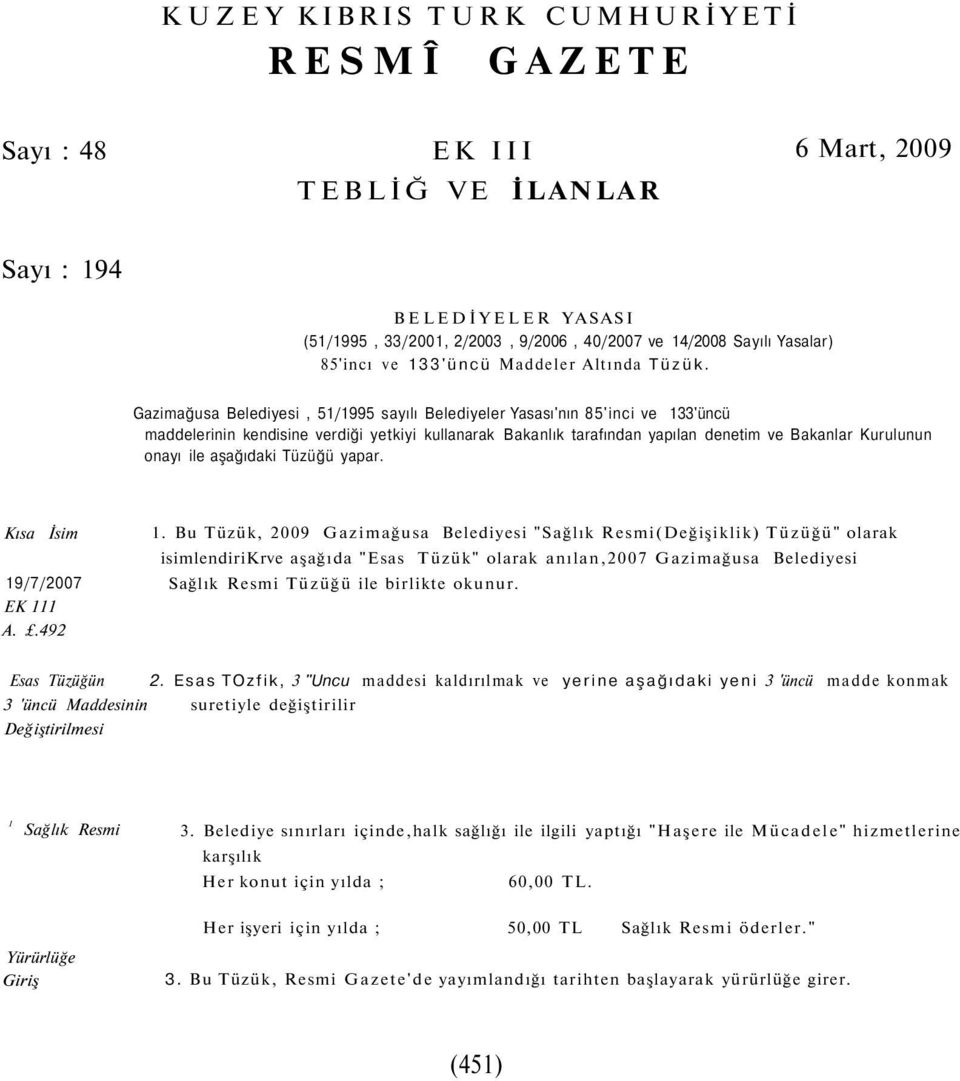 Gazimağusa Belediyesi, 51/1995 sayılı Belediyeler Yasası'nın 85'inci ve 133'üncü maddelerinin kendisine verdiği yetkiyi kullanarak Bakanlık tarafından yapılan denetim ve Bakanlar Kurulunun onayı ile