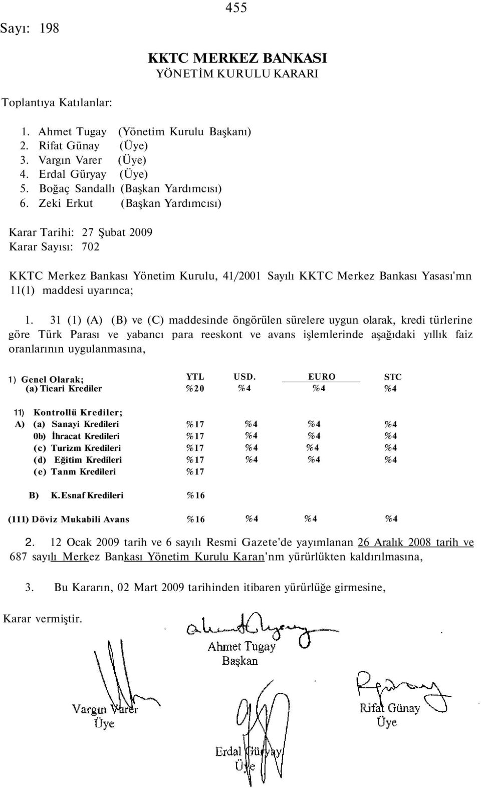 Zeki Erkut (Başkan Yardımcısı) Karar Tarihi: 27 Şubat 2009 Karar Sayısı: 702 KKTC Merkez Bankası Yönetim Kurulu, 41/2001 Sayılı KKTC Merkez Bankası Yasası'mn 11(1) maddesi uyarınca; 1.