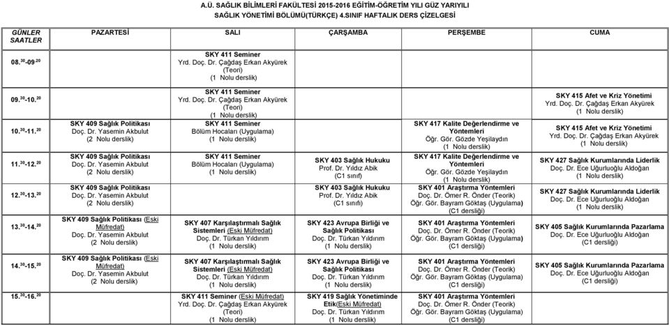 Yıldız Abik (C1 sınıf) SKY 403 Sağlık Hukuku Prof. Dr. Yıldız Abik (C1 sınıfı) SKY 423 Avrupa Birliği ve Sağlık Politikası SKY 417 Kalite Değerlendirme ve Yöntemleri Öğr. Gör.