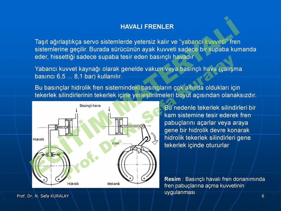 .. 8,1 bar) kullanılır. Bu basınçlar hidrolik fren sistemindeki basınçların çok altında oldukları için tekerlek silindirlerinin tekerlek içine yerleştirilmeleri boyut açısından olanaksızdır.