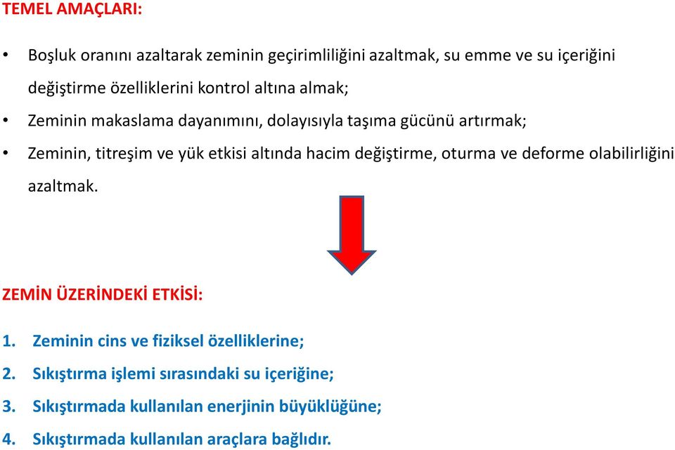 hacim değiştirme, oturma ve deforme olabilirliğini azaltmak. ZEMİN ÜZERİNDEKİ ETKİSİ: 1. Zeminin cins ve fiziksel özelliklerine; 2.