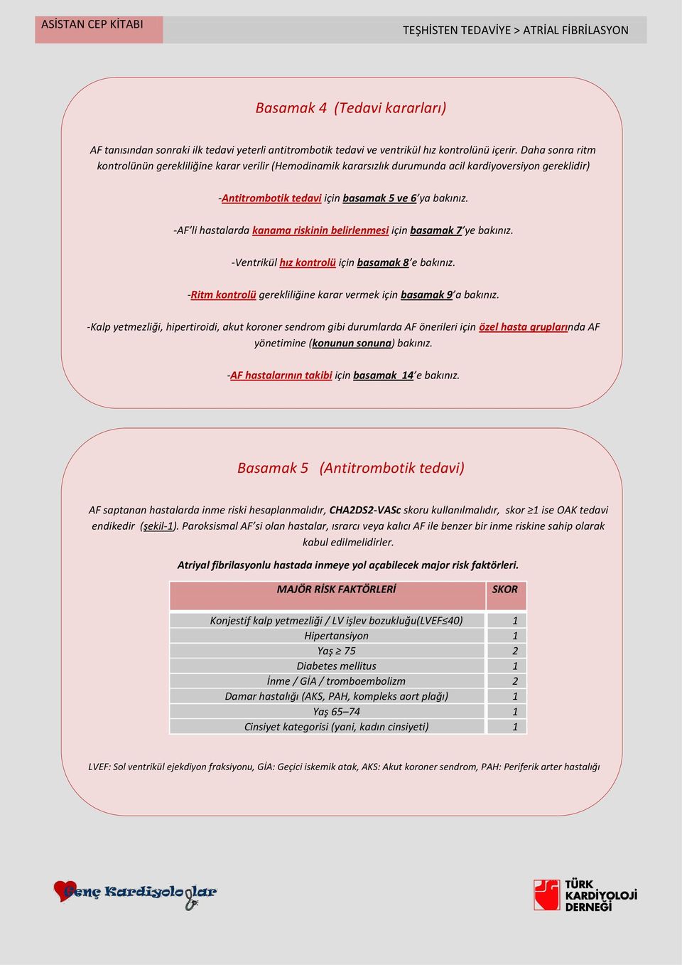 -AF li hastalarda kanama riskinin belirlenmesi için basamak 7 ye bakınız. -Ventrikül hız kontrolü için basamak 8 e bakınız. -Ritm kontrolü gerekliliğine karar vermek için basamak 9 a bakınız.
