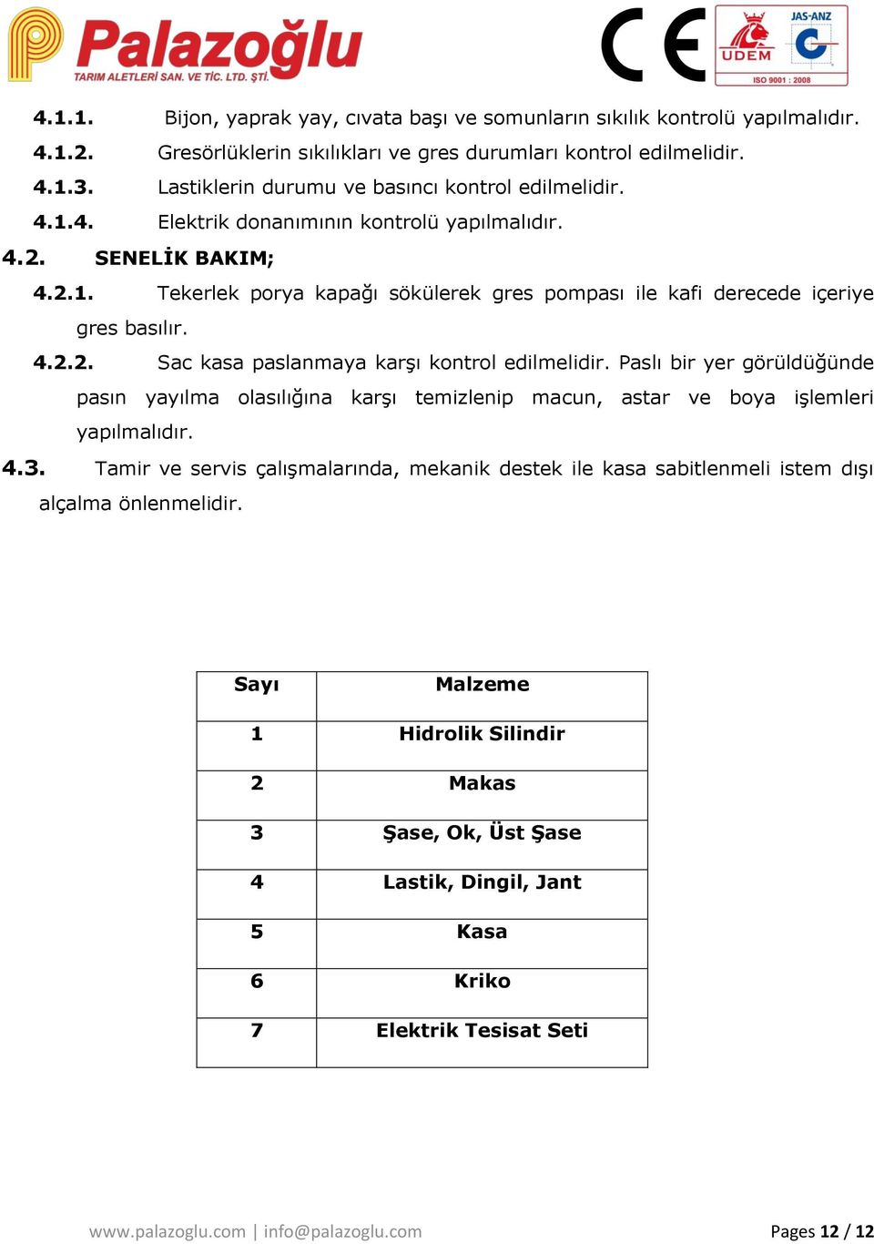 4.2.2. Sac kasa paslanmaya karşı kontrol edilmelidir. Paslı bir yer görüldüğünde pasın yayılma olasılığına karşı temizlenip macun, astar ve boya işlemleri yapılmalıdır. 4.3.