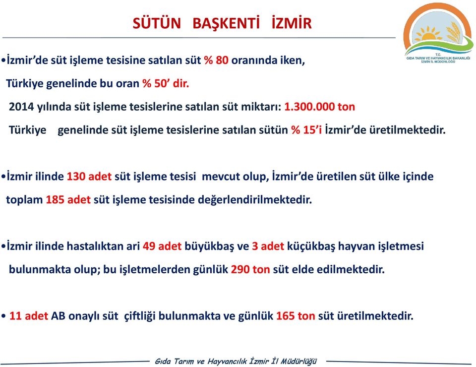 İzmir ilinde 130 adet süt işleme tesisi mevcut olup, İzmir de üretilen süt ülke içinde toplam 185 adet süt işleme tesisinde değerlendirilmektedir.