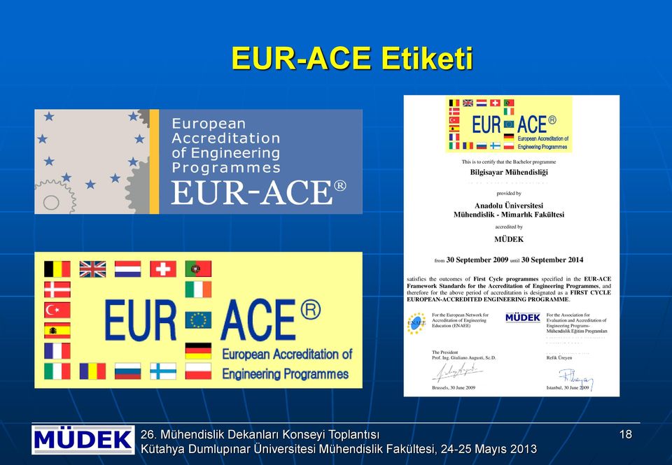 specified in the EUR-ACE Framework Standards for the Accreditation of Engineering Programmes, and therefore for the above period of accreditation is designated as a FIRST CYCLE EUROPEAN-ACCREDITED