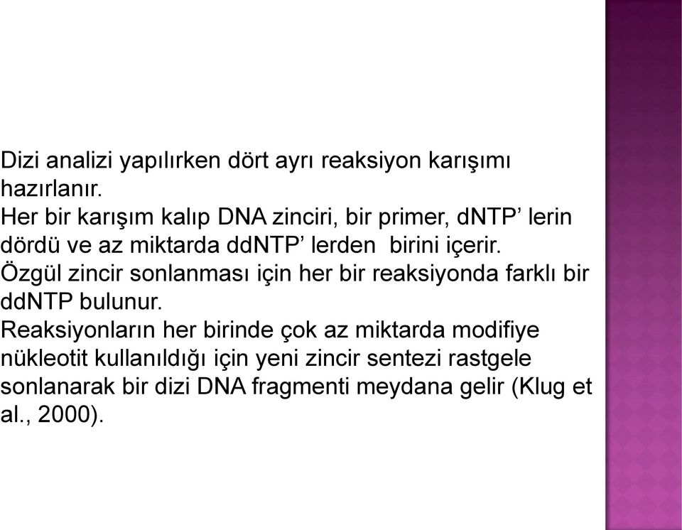 Özgül zincir sonlanması için her bir reaksiyonda farklı bir ddntp bulunur.