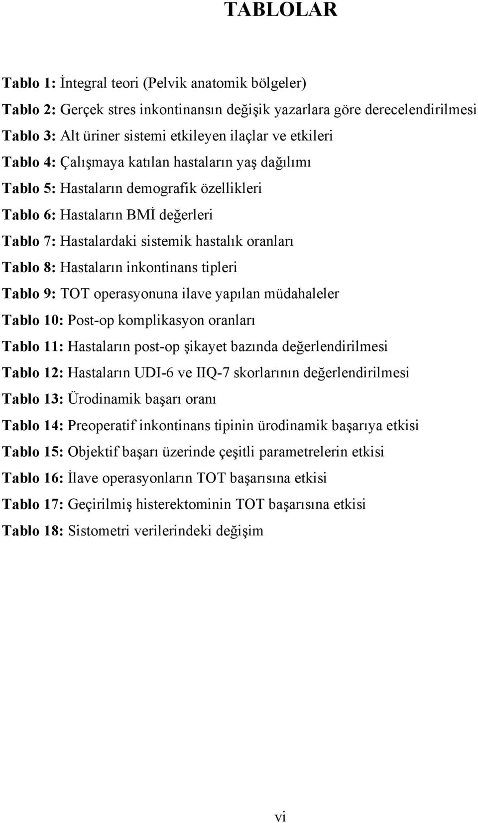 inkontinans tipleri Tablo 9: TOT operasyonuna ilave yapılan müdahaleler Tablo 10: Post-op komplikasyon oranları Tablo 11: Hastaların post-op şikayet bazında değerlendirilmesi Tablo 12: Hastaların