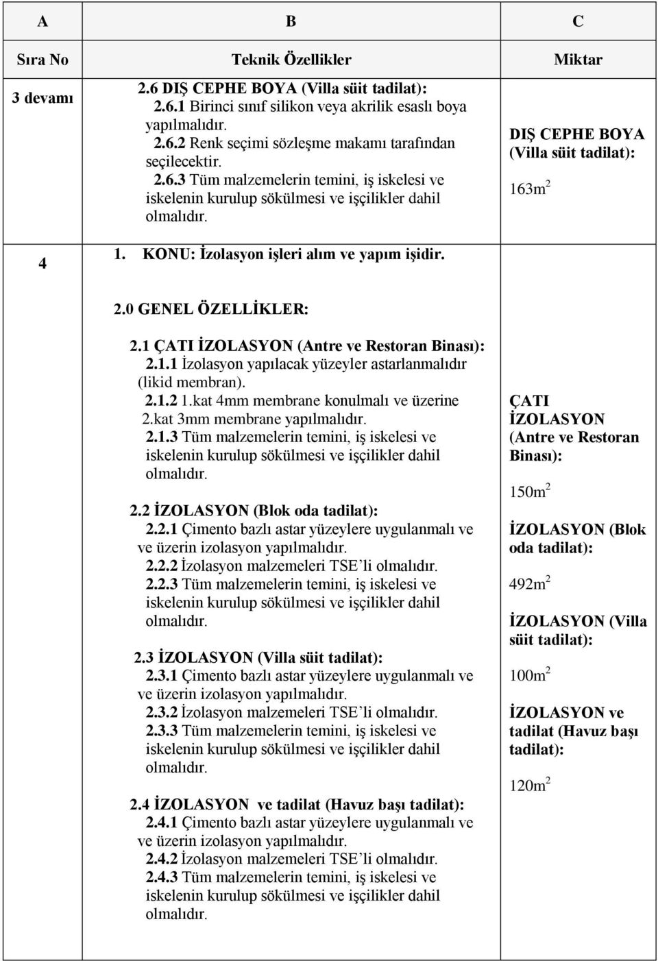 kat 4mm membrane konulmalı ve üzerine 2.kat 3mm membrane yapılmalıdır. 2.1.3 Tüm malzemelerin temini, iş iskelesi ve 2.2 İZOLASYON 2.2.1 Çimento bazlı astar yüzeylere uygulanmalı ve ve üzerin izolasyon yapılmalıdır.