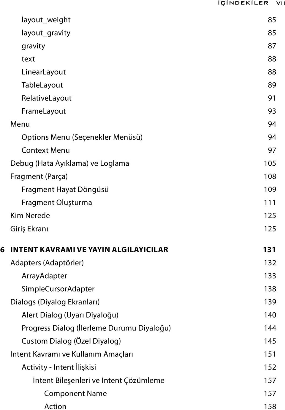 ALGILAYICILAR 131 Adapters (Adaptörler) 132 ArrayAdapter 133 SimpleCursorAdapter 138 Dialogs (Diyalog Ekranları) 139 Alert Dialog (Uyarı Diyaloğu) 140 Progress Dialog (İlerleme Durumu