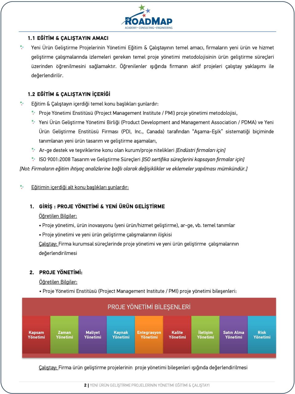 2 EĞİTİM & ÇALIŞTAYIN İÇERİĞİ Eğitim & Çalıştayın içerdiği temel konu başlıkları şunlardır: Proje Enstitüsü (Project Management Institute / PMI) proje yönetimi metodolojisi, Yeni Ürün Geliştirme