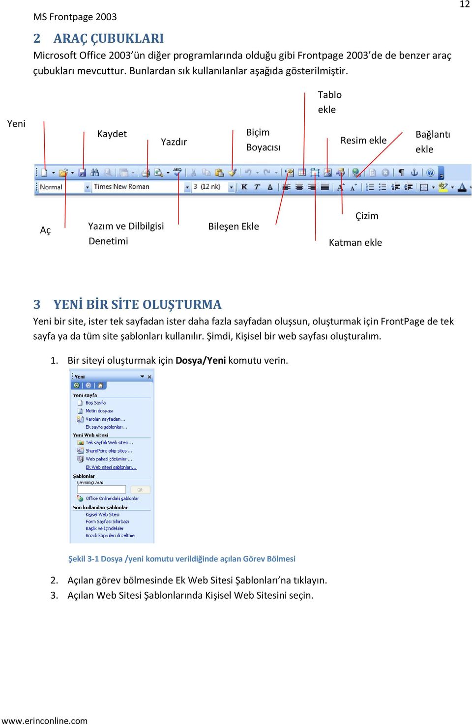 sayfadan ister daha fazla sayfadan oluşsun, oluşturmak için FrontPage de tek sayfa ya da tüm site şablonları kullanılır. Şimdi, Kişisel bir web sayfası oluşturalım. 1.