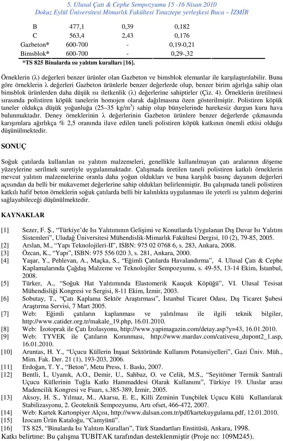 Buna göre örneklerin λ değerleri Gazbeton ürünlerle benzer değerlerde olup, benzer birim ağırlığa sahip olan bimsblok ürünlerden daha düşük ısı iletkenlik (λ) değerlerine sahiptirler (Çiz. 4).