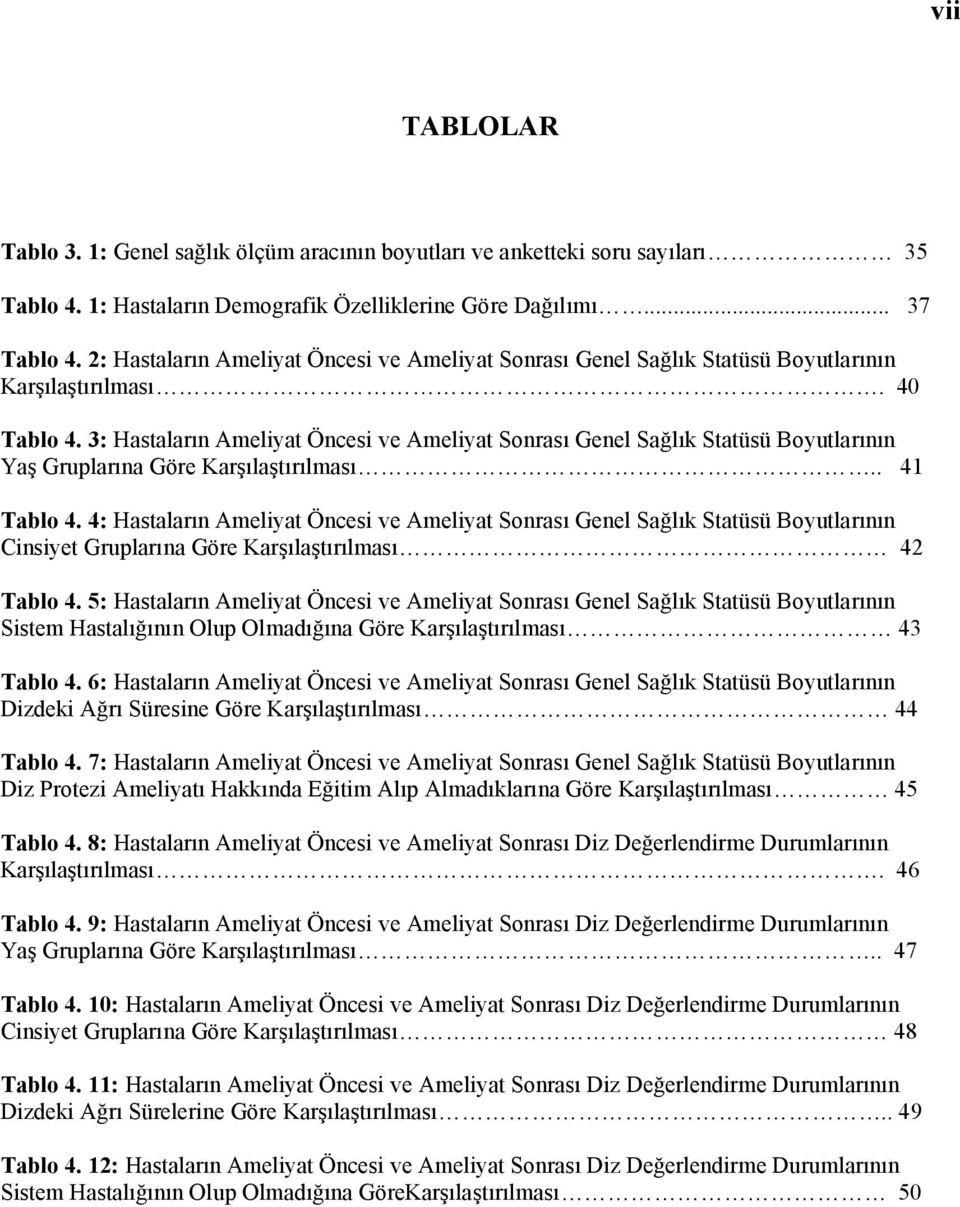 3: Hastaların Ameliyat Öncesi ve Ameliyat Sonrası Genel Sağlık Statüsü Boyutlarının Yaş Gruplarına Göre Karşılaştırılması.. 41 Tablo 4.