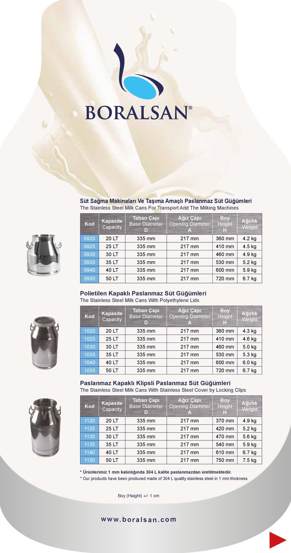 7 kg Polietilen Kapaklı Paslanmaz Süt Güğümleri The Stainless Steel Milk Cans With Polyethylene Lids Opening iameter eight 1020 20 LT 335 mm 217 mm 360 mm 4.3 kg 1025 25 LT 335 mm 217 mm 410 mm 4.