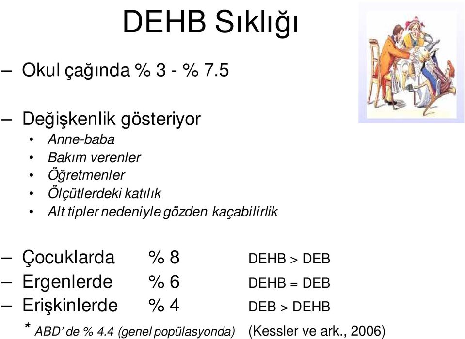 katılık Alt tipler nedeniyle gözden kaçabilirlik Çocuklarda % 8 DEHB > DEB