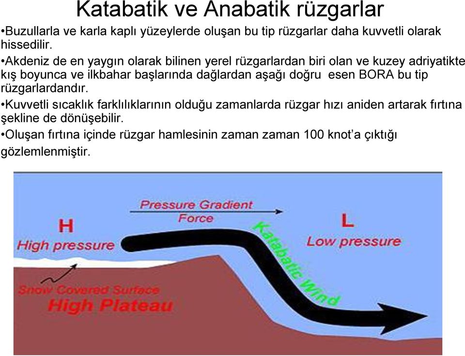 dağlardan aşağı doğru esen BORA bu tip rüzgarlardandır.