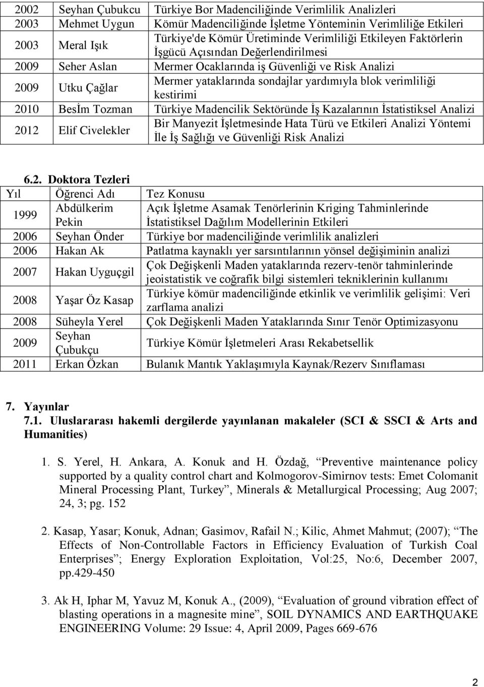 verimliliği kestirimi 2010 Besİm Tozman Türkiye Madencilik Sektöründe İş Kazalarının İstatistiksel Analizi 2012 Elif Civelekler Bir Manyezit İşletmesinde Hata Türü ve Etkileri Analizi Yöntemi İle İş
