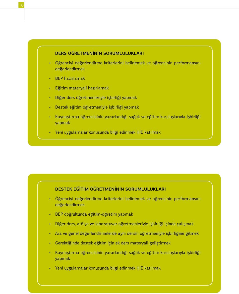 katılmak DESTEK EĞİTİM ÖĞRETMENİNİN SORUMLULUKLARI Öğrenciyi değerlendirme kriterlerini belirlemek ve öğrencinin performansını değerlendirmek BEP doğrultunda eğitim-öğretim yapmak Diğer ders, atölye