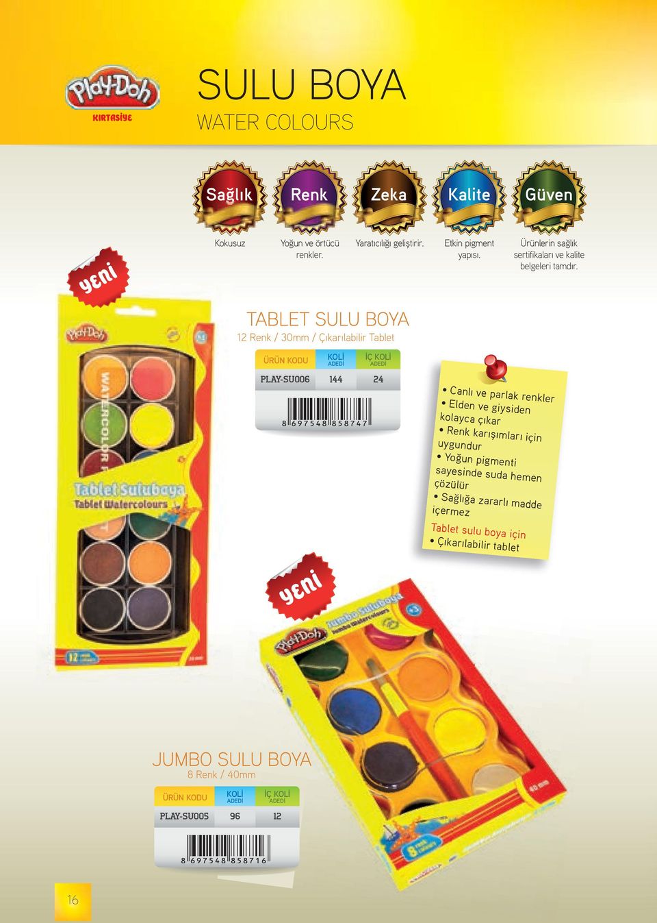 TABLET SULU BOYA 12 Renk / 30mm / Çıkarılabilir Tablet İÇ PLAY-SU006 144 24 Canlı ve parlak renkler Elden ve giysiden kolayca çıkar