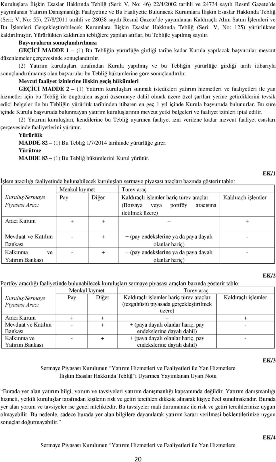 Esaslar Hakkında Tebliğ (Seri: V, No: 125) yürürlükten kaldırılmıştır. Yürürlükten kaldırılan tebliğlere yapılan atıflar, bu Tebliğe yapılmış sayılır.