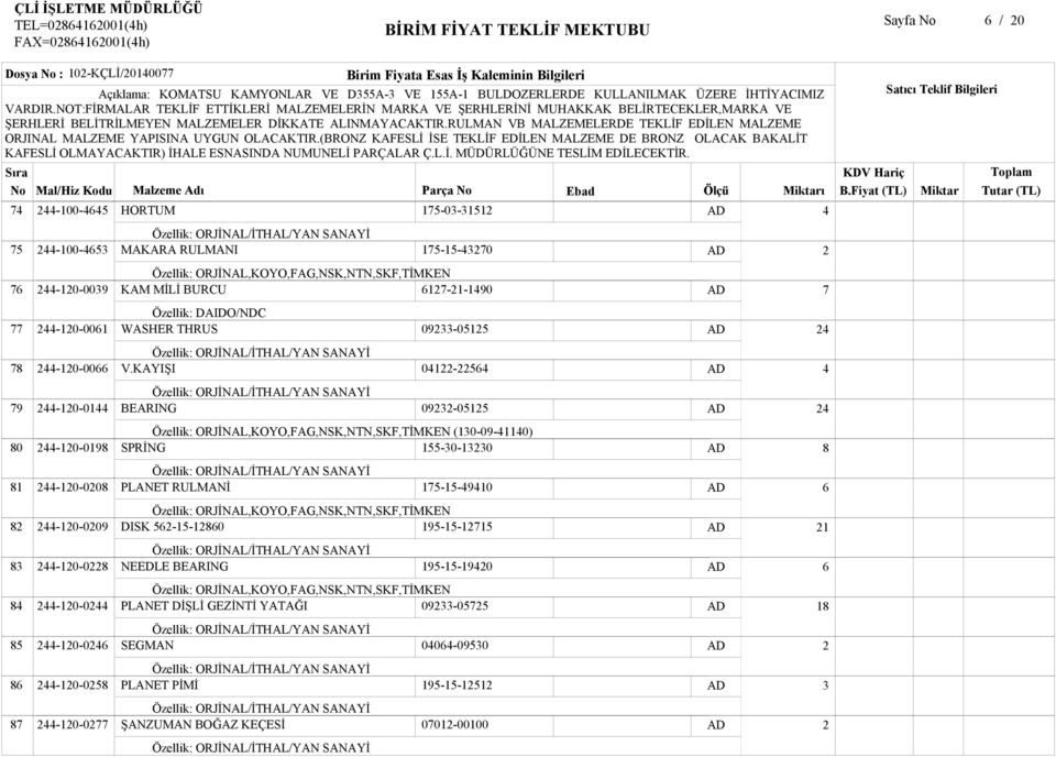 RULMANI KAM MİLİ BURCU 67--90 Özellik: DAIDO/NDC WASHER THRUS V.