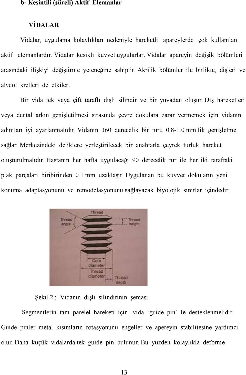 Bir vida tek veya çift taraflı dişli silindir ve bir yuvadan oluşur. Diş hareketleri veya dental arkın genişletilmesi sırasında çevre dokulara zarar vermemek için vidanın adımları iyi ayarlanmalıdır.