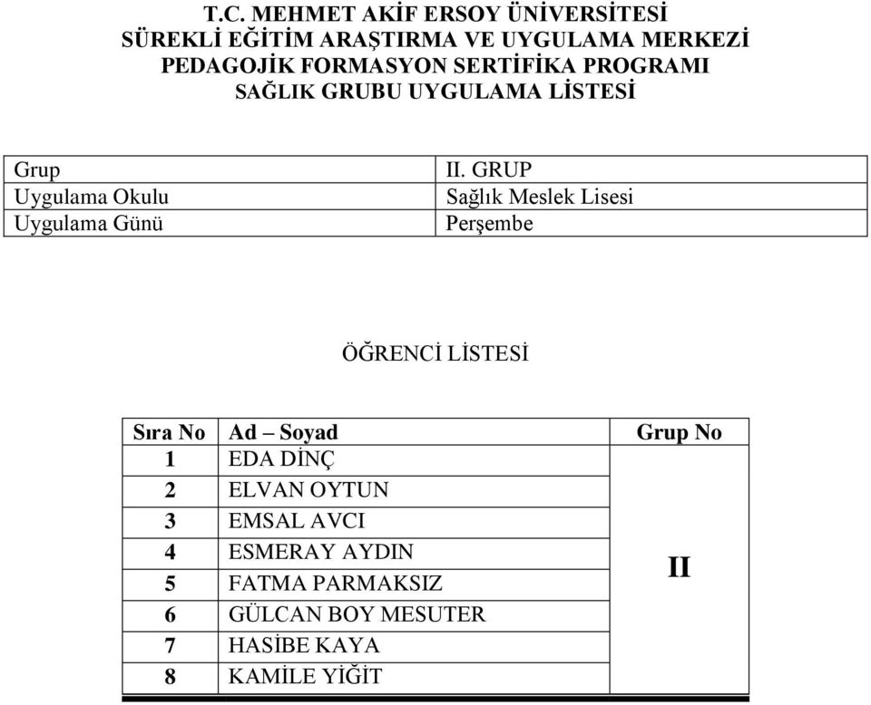 OYTUN 3 EMSAL AVCI 4 ESMERAY AYDIN II 5 FATMA