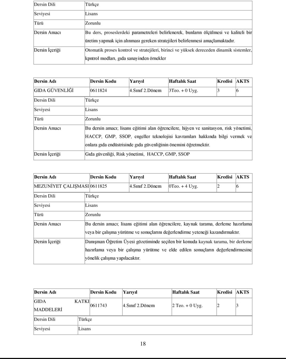 3 6 Bu dersin amacı; lisans eğitimi alan öğrencilere, hijyen ve sanitasyon, risk yönetimi, HACCP, GMP, SSOP, engeller teknolojisi kavramları hakkında bilgi vermek ve onlara gıda endüstrisinde gıda